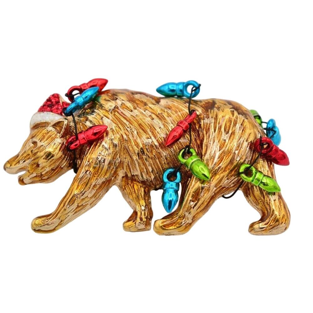 Vintage Christmas Bear Pin Brooch Santa Hat Enamel Lights Holiday NOS 90s BinA15
